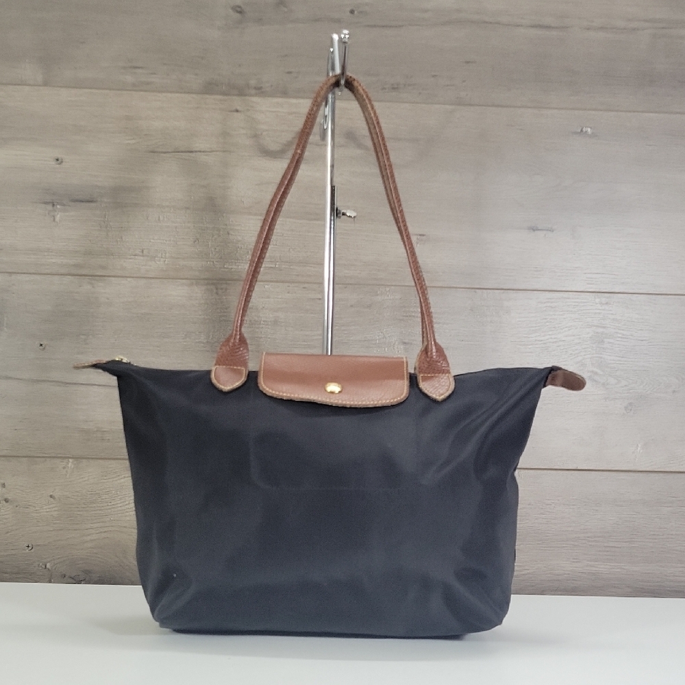Longchamp Lepliage Black Tote Bag with Brown Leather Trim